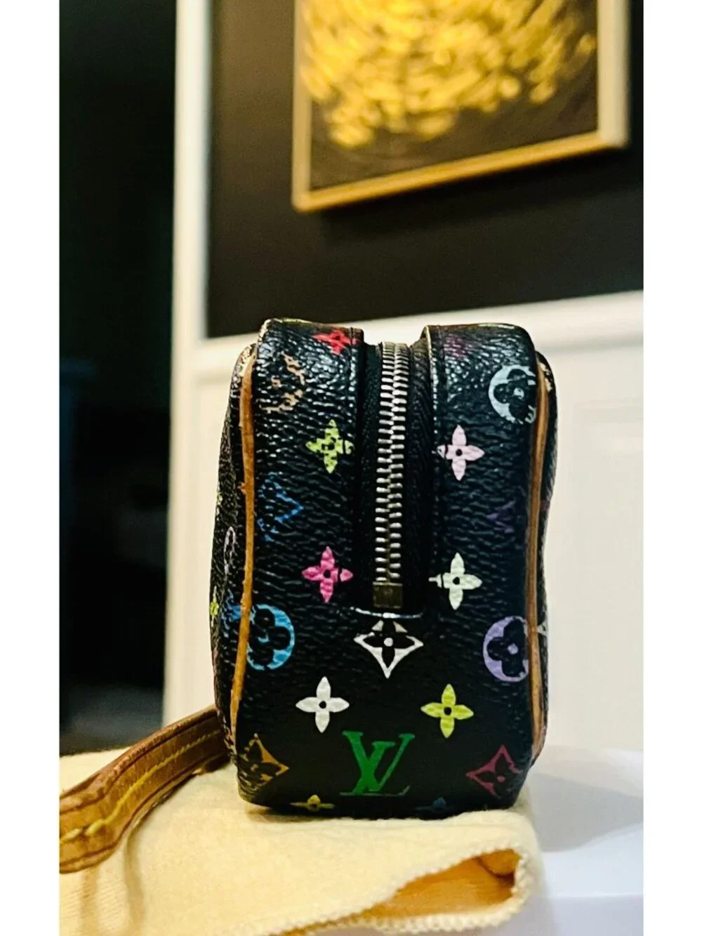 AUTHENTICATED! Louis Vuitton Takashi Murakami Black Multicolor Wapity Case Pouch